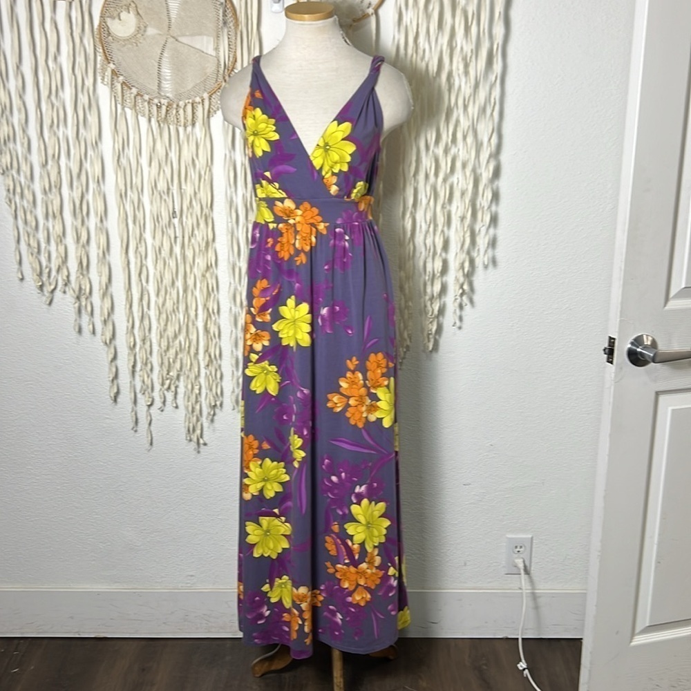 Garnet Hill Twist Strap Purple Floral Maxi Dress Size Small